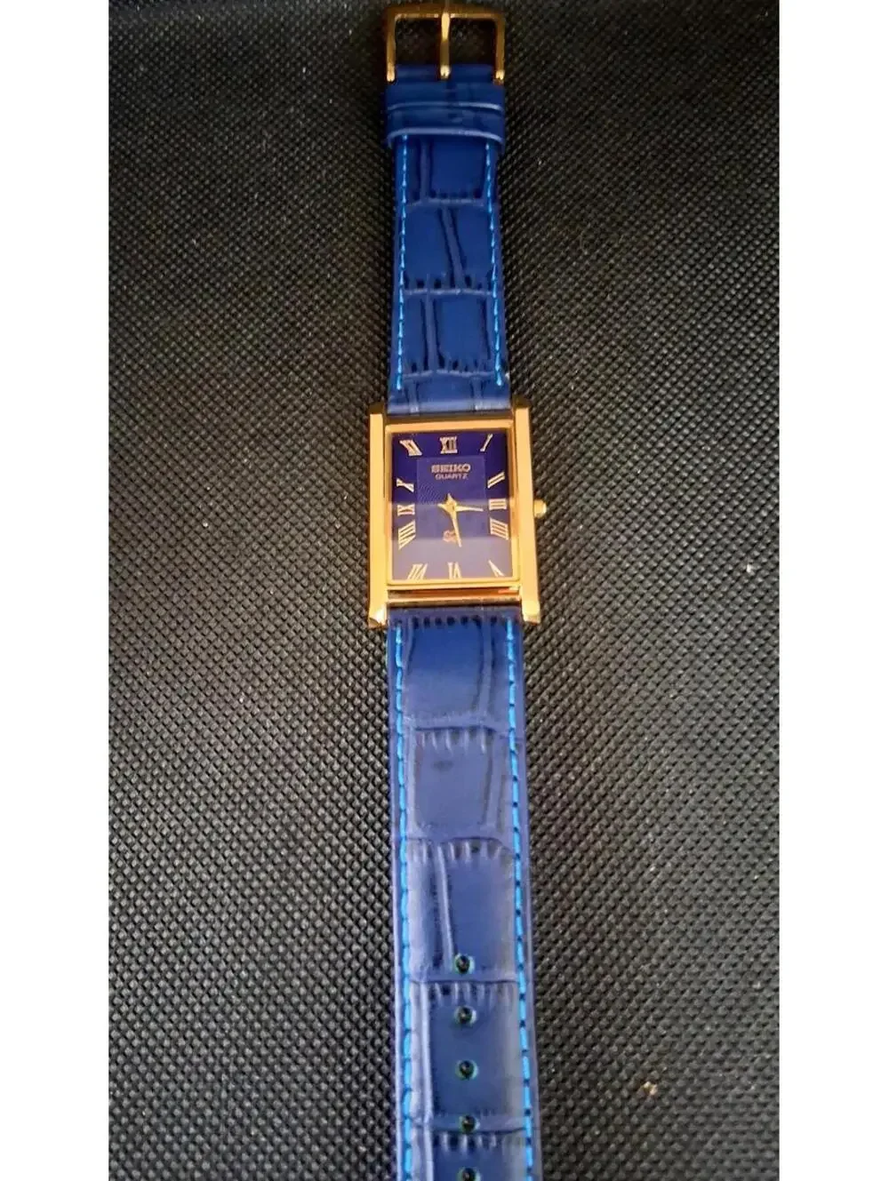 Men's Vintage Blue & Gold Tank Leather Wrist Watch RARE